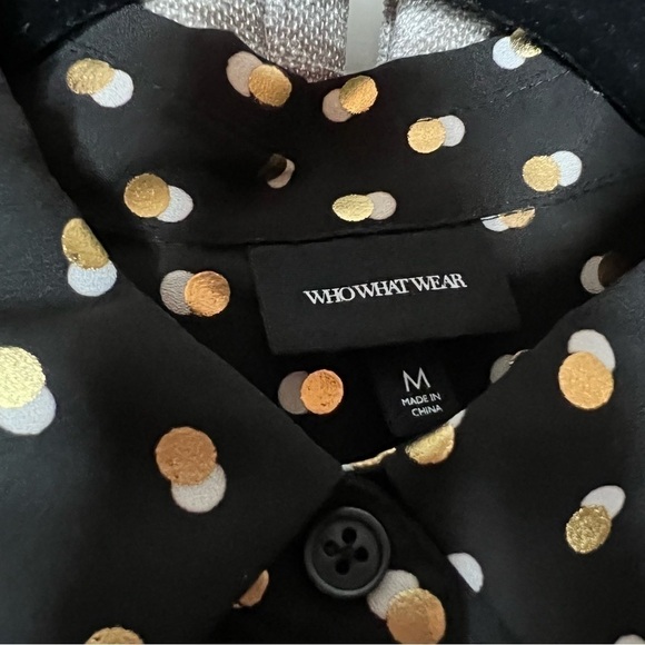 NWT Who What Wear Black Button Down Shirt with Gold & White Polka Dots Medium - Picture 8 of 14
